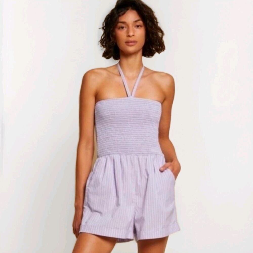 Nation LTD Blondie Romper S Lavender Stripe‎ Pima Cotton Smocked Halter Vacation
